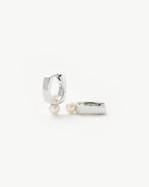 Button Pearl Square Hoop Earrings