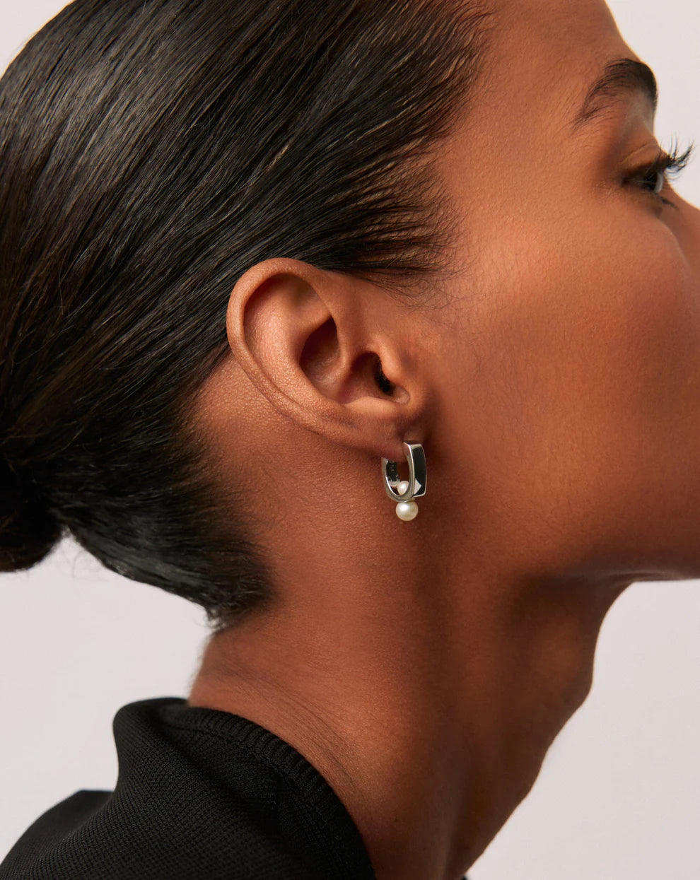 Button Pearl Square Hoop Earrings
