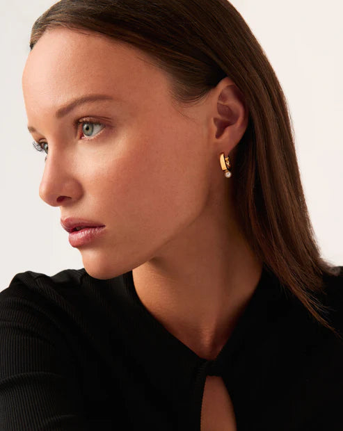 Button Pearl Square Hoop Earrings