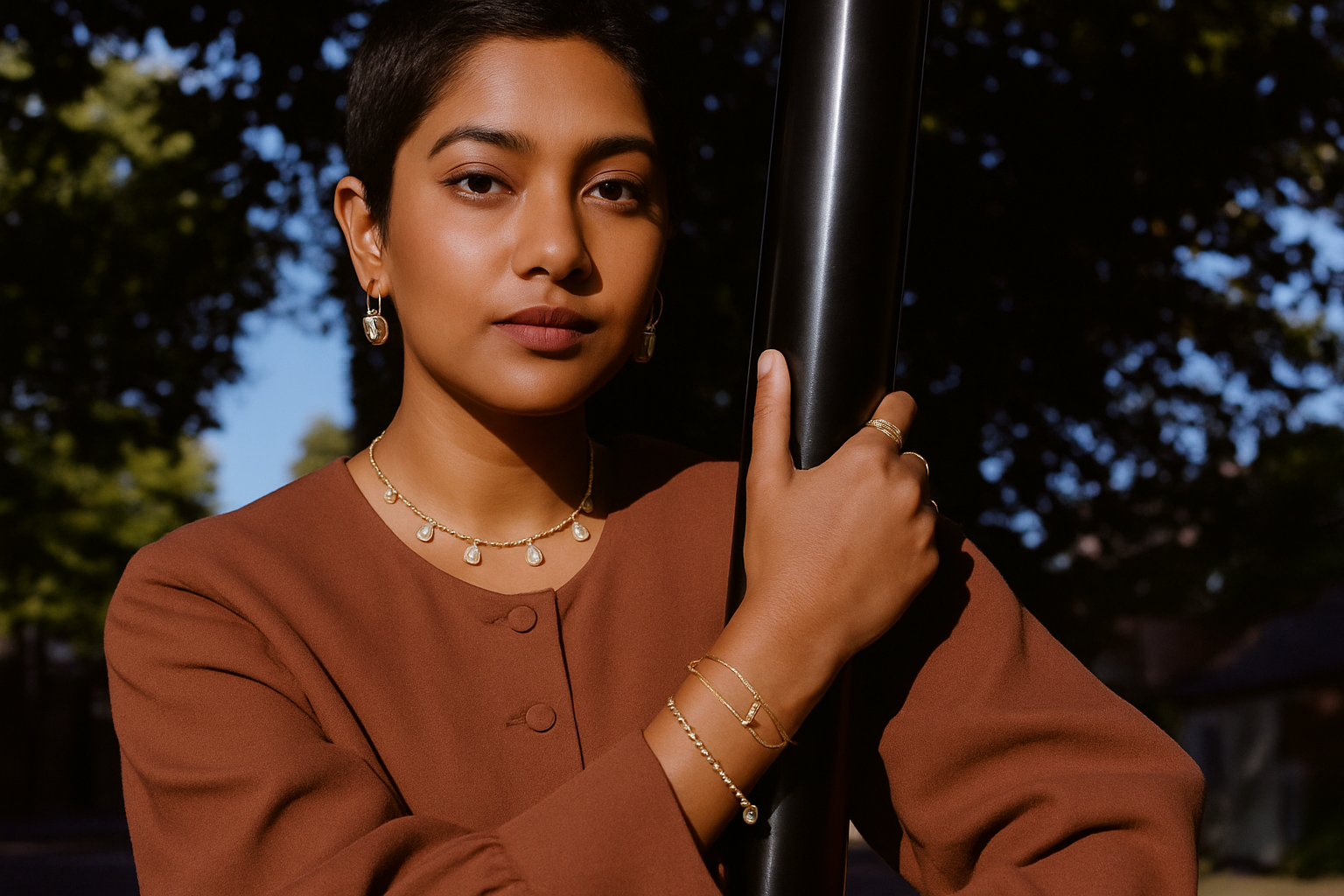 Urban Indian model with exact same styling wearing D E M I E jewelry