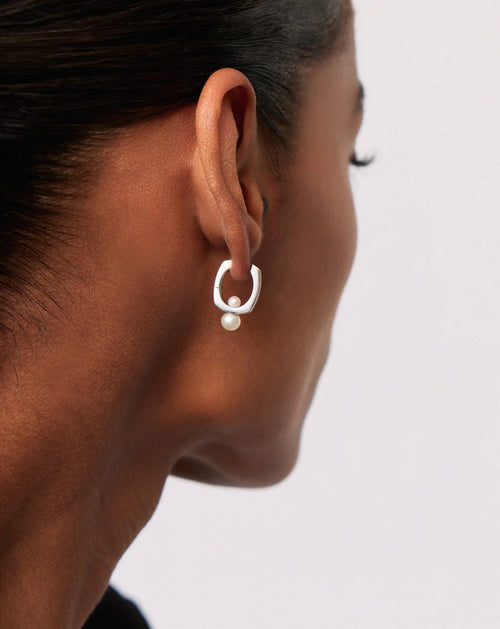 Button Pearl Square Hoop Earrings