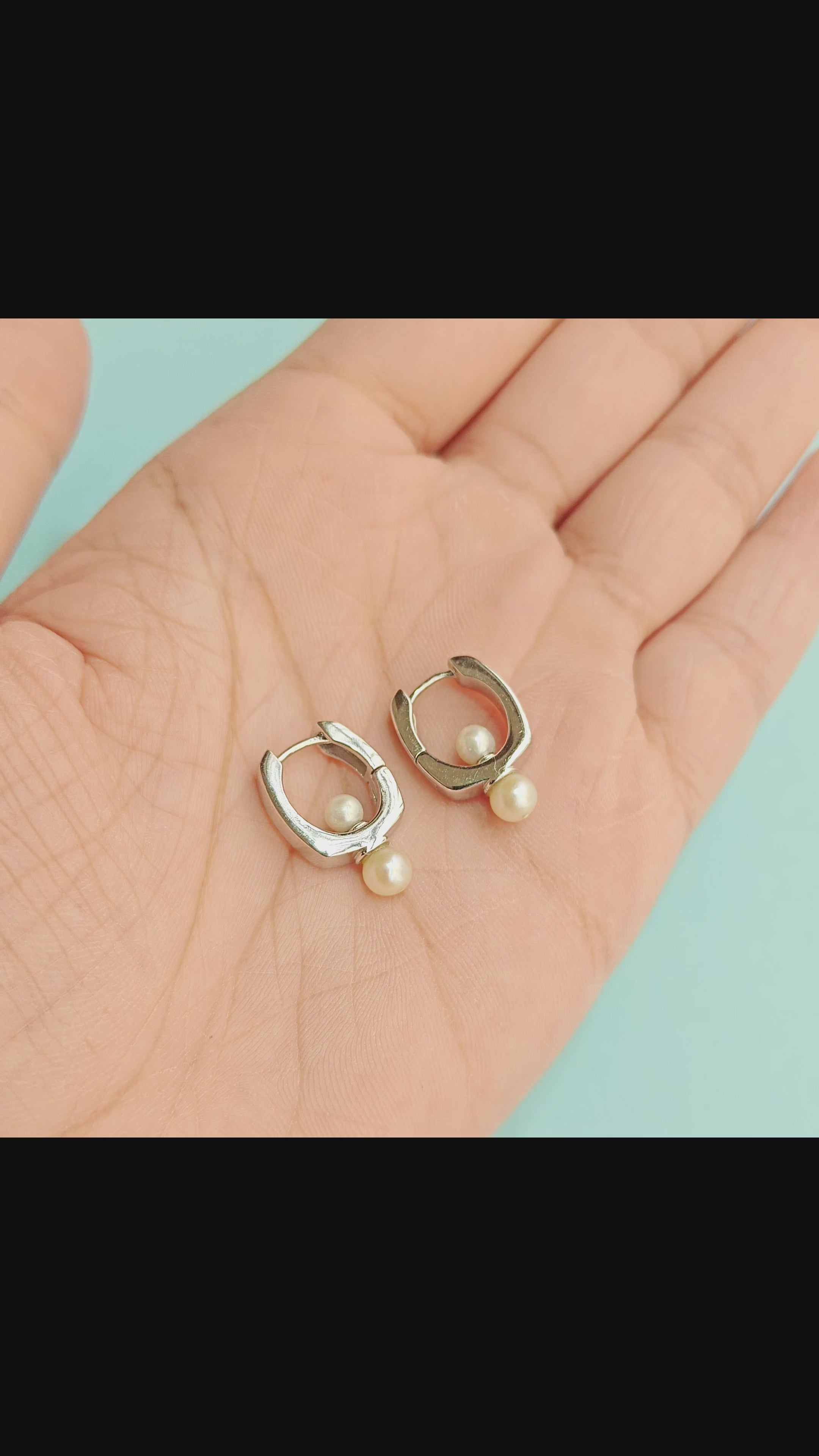 Button Pearl Square Hoop Earrings